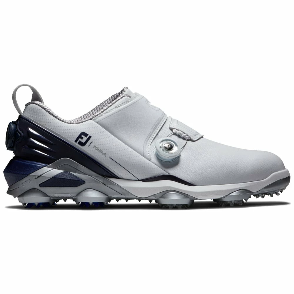 FootJoy Tour Alpha Double BOA Spiked Shoes - White/Navy/Grey 3 FootJoy Tour Alpha Double BOA Spiked Shoes - White/Navy/Grey