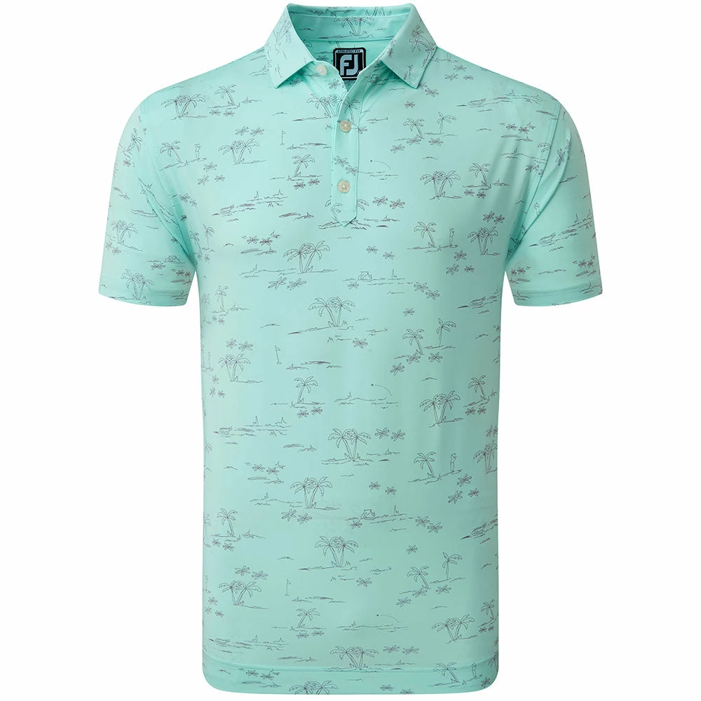 FootJoy Tropic Print Polo Shirt - Aqua Surf/Lava 3 FootJoy Tropic Print Polo Shirt - Aqua Surf/Lava