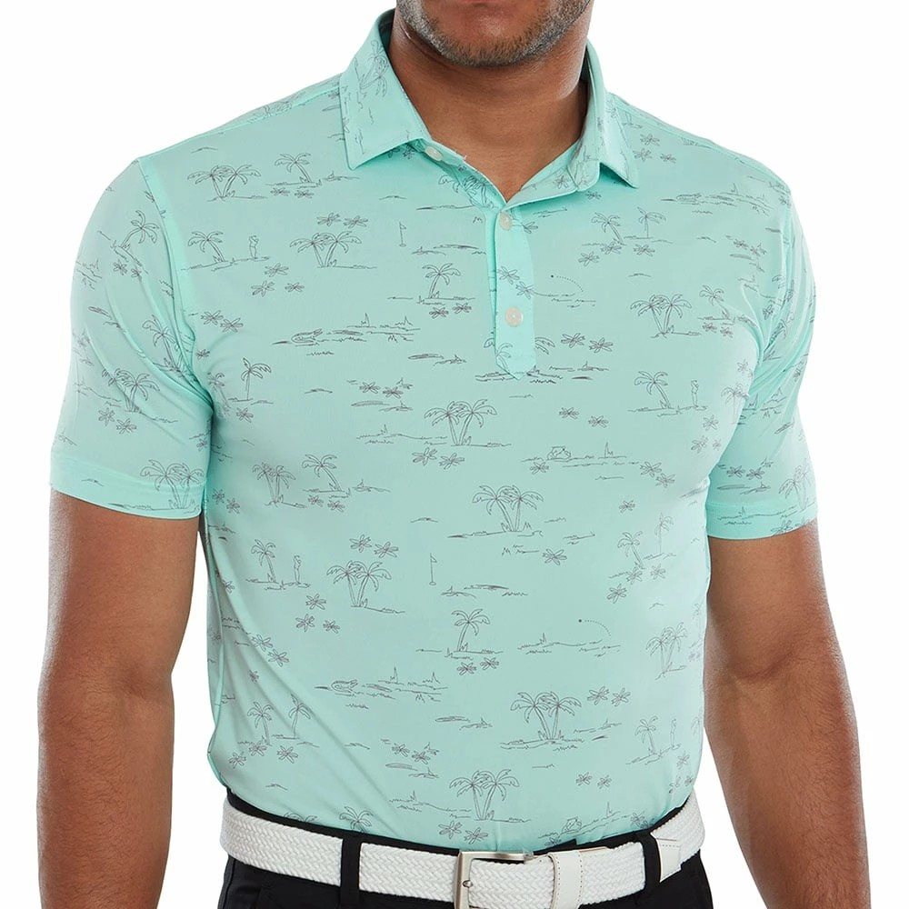 FootJoy Tropic Print Polo Shirt - Aqua Surf/Lava 5 FootJoy Tropic Print Polo Shirt - Aqua Surf/Lava - Image 3