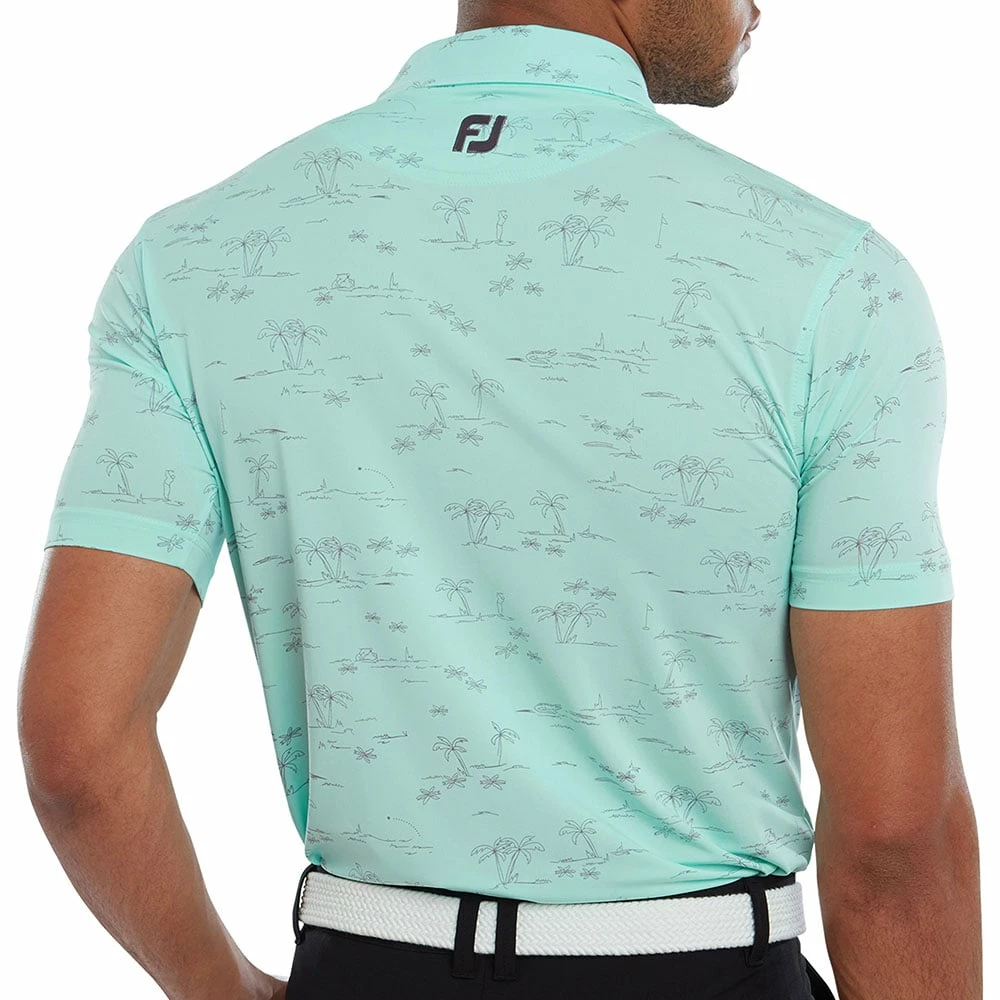 FootJoy Tropic Print Polo Shirt - Aqua Surf/Lava 6 FootJoy Tropic Print Polo Shirt - Aqua Surf/Lava - Image 4