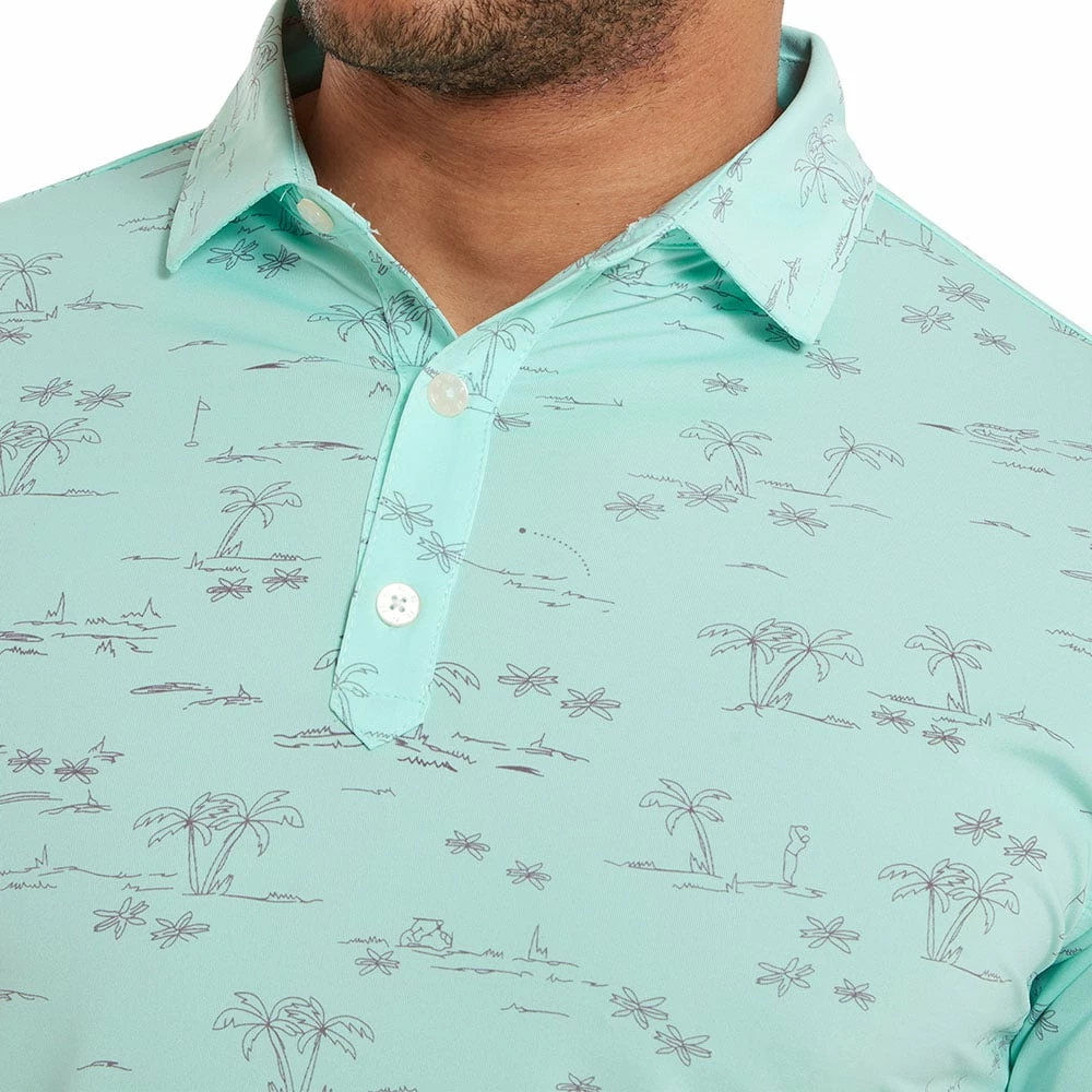 FootJoy Tropic Print Polo Shirt - Aqua Surf/Lava 7 FootJoy Tropic Print Polo Shirt - Aqua Surf/Lava - Image 5